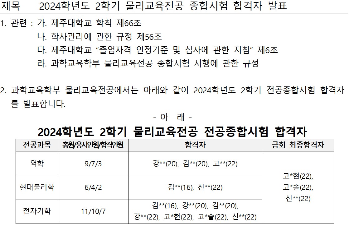 2024학년도 2학기 물리교육전공 종합시험 합격자 발표